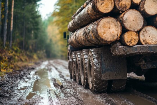 A Heavy Logging Truck Transporting Timber Through Dense Forest, Navigating Tough Terrain