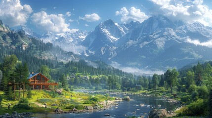 Fototapeta premium Cozy Wooden Cabin by a Serene River with Majestic Snow-Capped Mountains in the Background on a Sunny Day