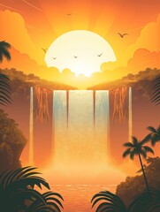 Illustration of Iguazu Falls from Foz do Igua u, Brazil Travel Poster in Colorful Flat Digital Art Style
