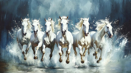 Seven running white horses wall painting mountain morning view background. Majestic and powerful scene with splashing effects. Wallpaper concept.