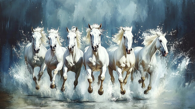 Seven running white horses wall painting mountain morning view background. Majestic and powerful scene with splashing effects. Wallpaper concept.