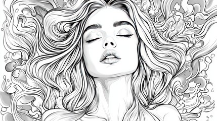 Fototapeta premium Black and White Artistic Illustration of a Woman with Flowing Hair and Abstract Background