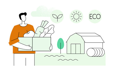A person holding a box of fresh vegetables in front of a farm showcasing sustainable agriculture practices and eco-friendly initiatives. Vector flat illustration