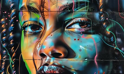 A colorful painting of a woman's face with a green and blue background 4K Video - Powered by Adobe