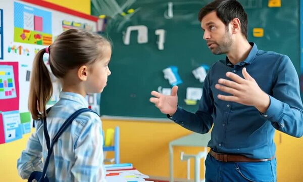 A stern-looking teacher reprimands a young student.