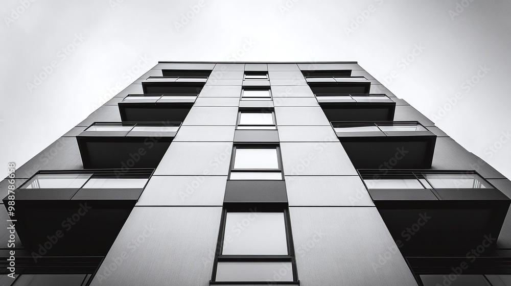 Poster modern building from a bottom perspective, illustrating the geometric lines and monochrome architect