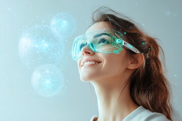 A woman wearing virtual or augmented reality (VR,AR) goggles looks at new worlds, develops new technological schemes, systems and concepts 
