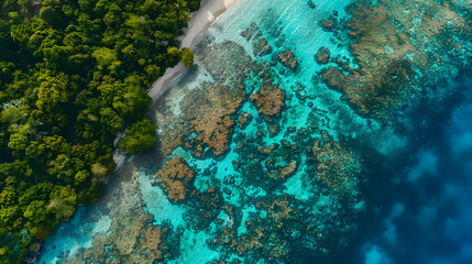 Obraz premium Aerial View of Tropical Island with Lush Forest and Pristine Coral Reef