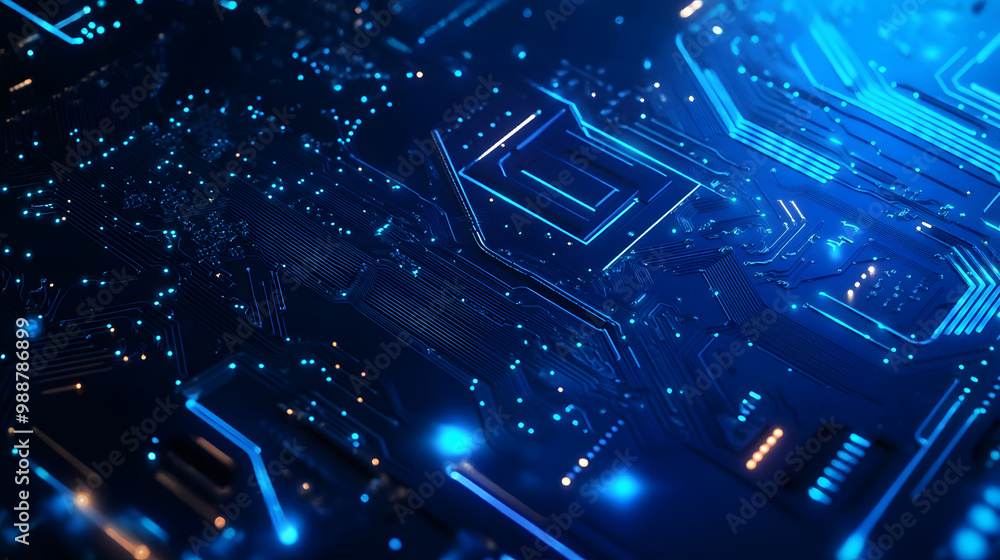 Poster futuristic representation of quantum computer technologies with a blue circuit board design showcasi