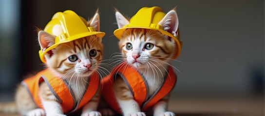 Fototapeta premium A couple of kittens wearing hard hats and safety vests.