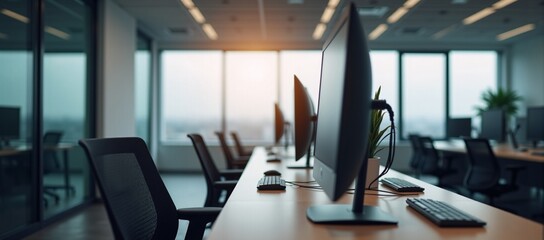 Fototapeta premium A row of computers sitting on top of a wooden desk.