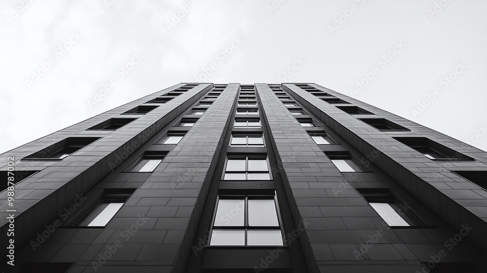 Poster modern building from a bottom perspective, illustrating the geometric lines and monochrome architect