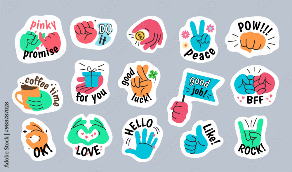 Wall mural comic hand gesture stickers. pinky promise, crossed fingers and bff brofist decals. hands holding fl