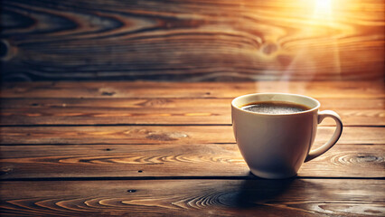 Obraz premium A steaming cup of espresso rests on a brown wooden table, its white mug contrasting against the dark liquid