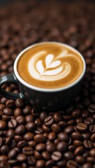 A cup of coffee sitting on top of coffee beans.