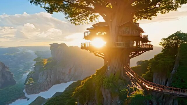 A treehouse perched high among the trees in a lush forest with a waterfall in the distance, creating a peaceful retreat.
