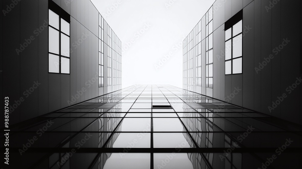 Poster modern building from a bottom perspective, illustrating the geometric lines and monochrome architect