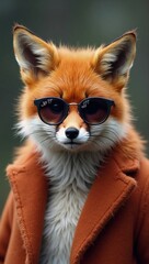 A fox wearing sunglasses and a brown coat.