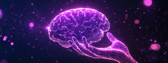 Glowing Brain in Digital Circuitry Hand