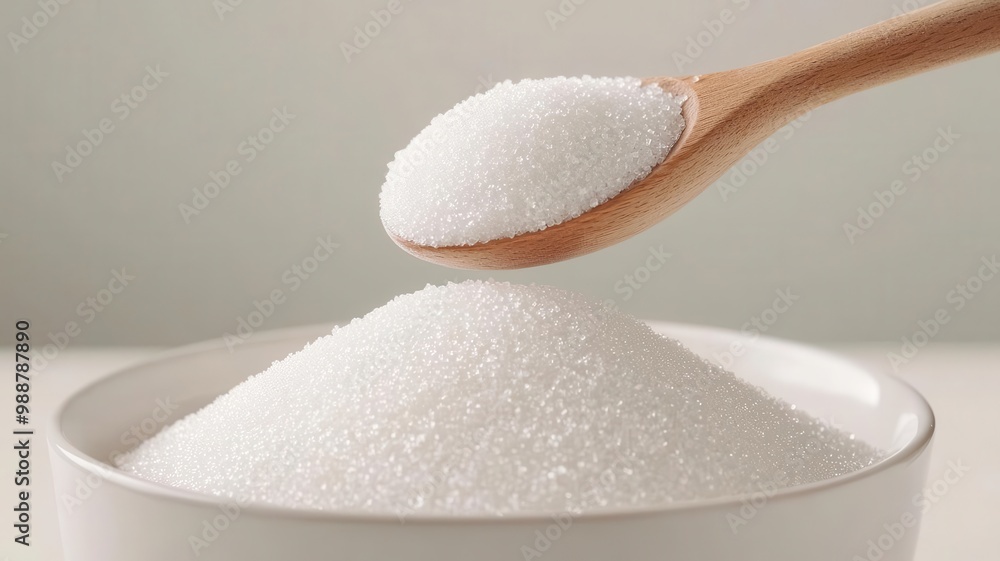 Wall mural A heap of raw cane sugar being scooped with a wooden spoon into a mixing bowl   raw cane sugar, baking ingredient