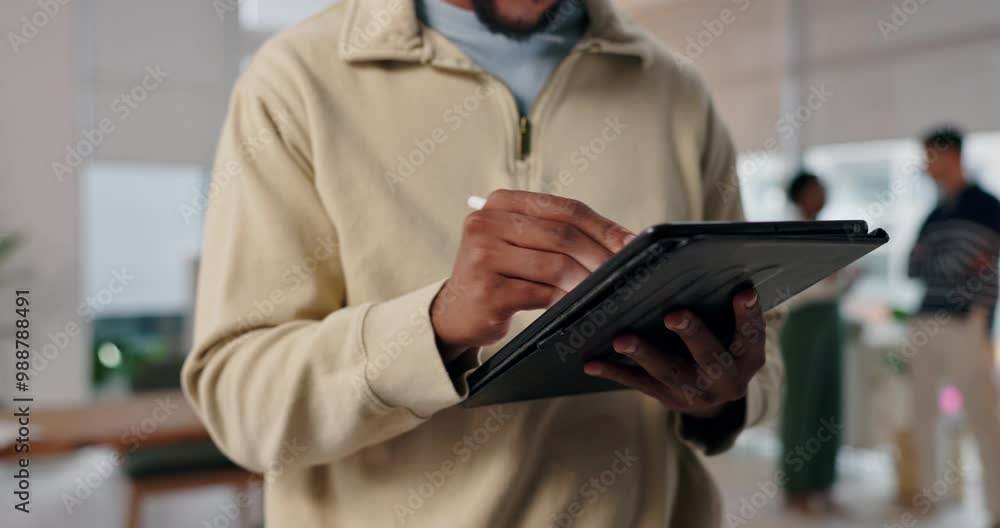Poster Tablet, internet and businessman with pen in office for software development, research and update. Website, developer and hand with tech at work for and operating system, planning and emulator app