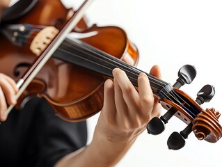 A violin soloist performing with an orchestra, focus on emotion and skill, soft tones, isolated on white background