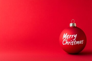 red Christmas bauble with white text "Merry Christmas" on a red background