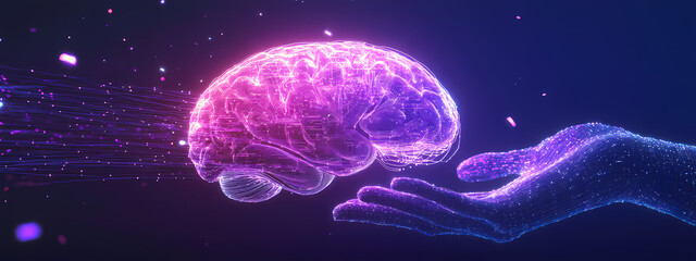 Glowing Brain in Digital Circuitry Hand