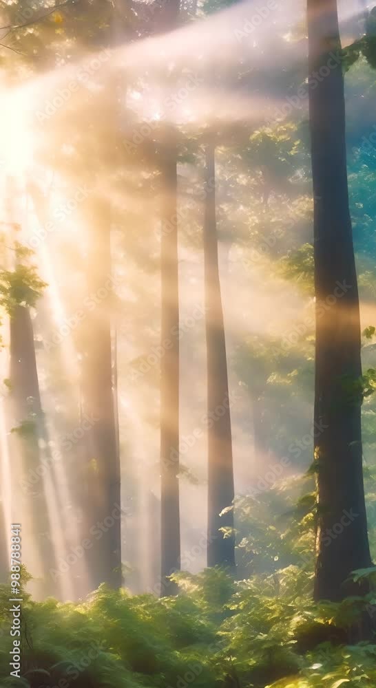 Poster beautiful magical sunrise in the forest the suns rays break through the trees in the fog the mystica