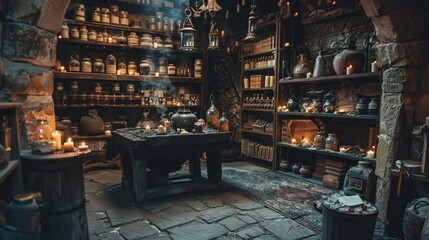 A dimly lit, ancient apothecary filled with glass bottles, candles, and mysterious ingredients.