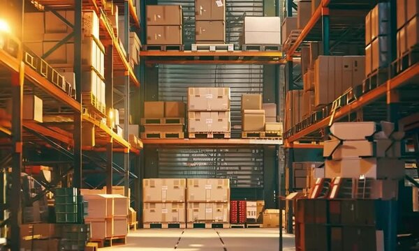 A warehouse interior with rows of stacked cardboard boxes and a forklift