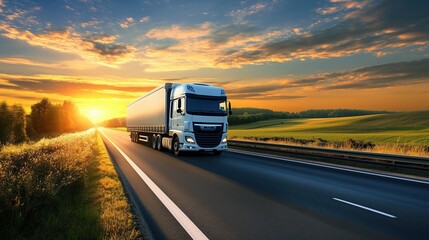 A large truck travels down an open highway as the sun sets