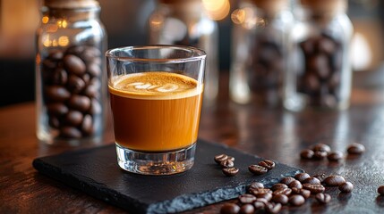 A glass of espresso with rich crema on a black stone slab, surrounded by coffee beans and a cozy café background.