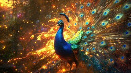 Obraz premium A vibrant peacock displays its colorful feathers in a magical setting