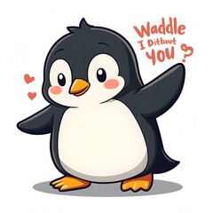 Obraz premium Cute Penguin Waving with 'Waddle I Do Without You?' Message