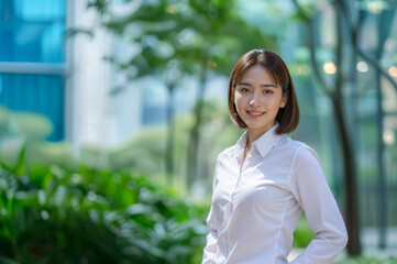 A professional Asian businesswoman, dressed in a crisp white shirt, stands confidently outdoors in a modern urban environment, smiling