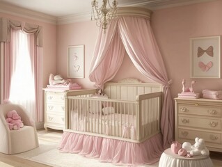 A pink nursery with a canopy over the crib. The crib has a pink blanket and a pink pillow