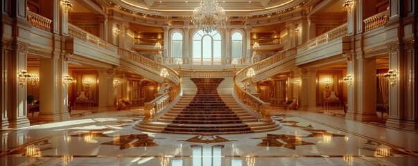 Obraz premium Luxurious Grand Staircase in Opulent Mansion Interior with Elegant Chandeliers and Marble Flooring
