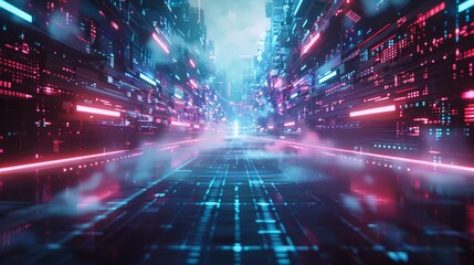 Fototapeta premium Futuristic E-Sport Event Background with Neon Lights and Digital Cityscape for Gaming and Virtual Competitions