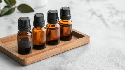 Bottles of essential oils arranged neatly on a wooden tray, ready for a soothing aromatherapy session   essential oils, natural therapy