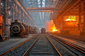 Obraz premium Metallurgical production, manufacturing premises, workshop at the plant, blast furnace, heavy industry.