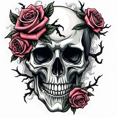 Skull Adorned With Roses And Thorns Black And White Illustration