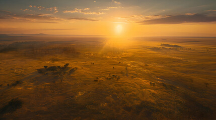 Obraz premium Golden Hour Savanna Landscape: Aerial View of Sunset Over Grassland