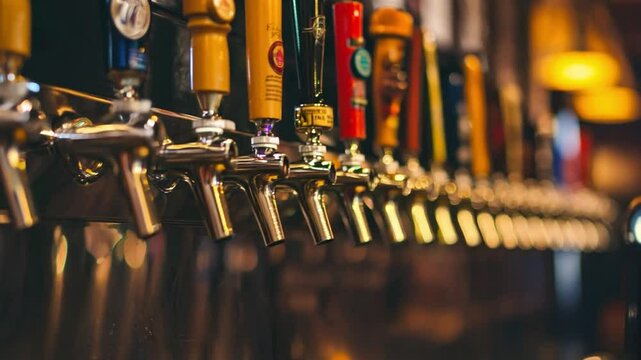 A row of colorful beer taps in a bustling bar showcasing a variety of craft beers in the evening