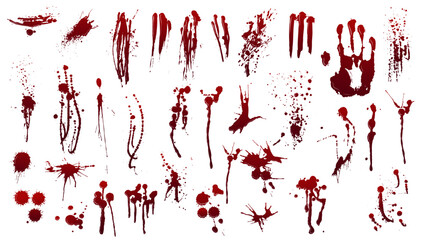 Blood splatters and drips. Realistic bloody stains, drip drops, smears, and handprints for halloween, crime scene or horror themed design. Grunge blot, splash and scary traces vector set © WinWin