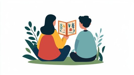 Obraz premium Caregiver reading a nature-themed book to children while sitting in an outdoor reading area outdoor storytime, learning