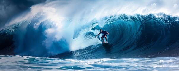 Surfer Riding a Massive Wave in the Ocean with Dramatic Sky and Splashing Water