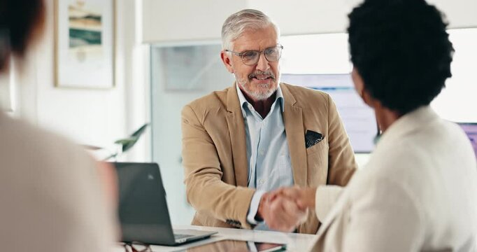 Handshake, meeting and business people in office with laptop, deal and onboarding support. Welcome, agreement and team in conference room shaking hands with discussion, strategy and congratulations