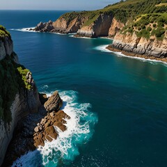 A panoramic view of a dramatic coastline where vibrant blue waters crash into cliffs, with lush greenery crowning the rocks and small beaches hidden in coves below 