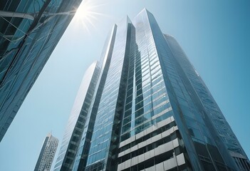 Obraz premium Modern glass and steel skyscraper with curved architectural design against a clear blue sky